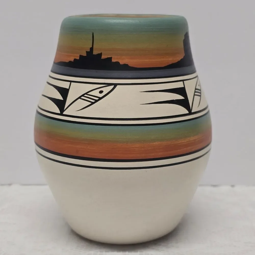 Native American Hand Painted Pottery Vase Signed By Wallace T. Navajo Folk Art